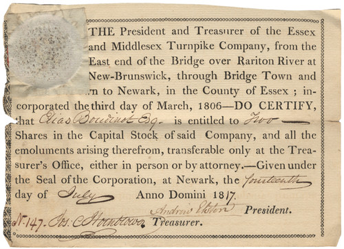 An Early Stock Certificate Issued To Elias Boudinot A President of Continental Congress And Signer Of The Peace Treaty Which Ended The War With Great Britain!