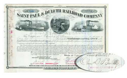 St. Paul & Duluth Railroad Stock Issued To And Signed By Banker Charles D. Barney