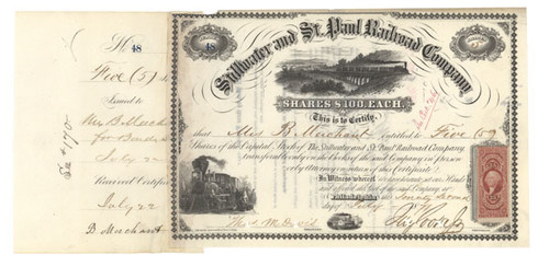 Stillwater And St. Paul Railroad Co. Stock Signed As President By Jay Cooke, Jr.