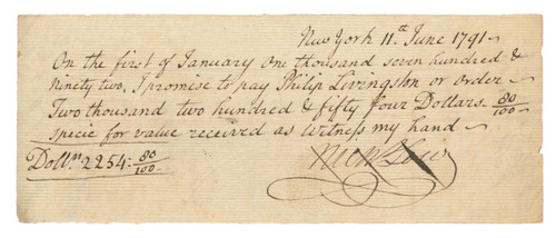 Nicholas Low (1739–1826)
 Promissory Note Payable to Philip Livingston, New York, 11 June 1791