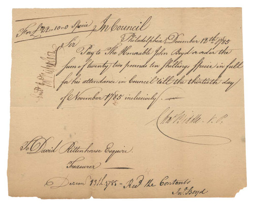 David Rittenhouse Signed Council Pay Order
 Philadelphia, 12 December 1785