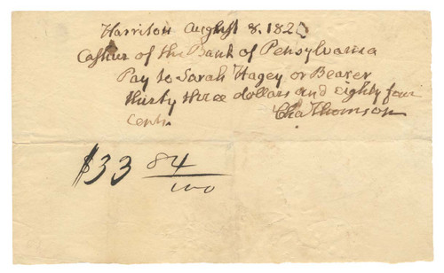 Charles Thomson Signed Bank Draft to Sarah Hagey, Harriton, Pennsylvania, August 8, 1820