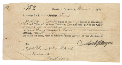 Anthony Wayne Signed Revolutionary-Era Bill of Exchange to Amsterdam Merchants, Savannah, Georgia, June 9, 1785