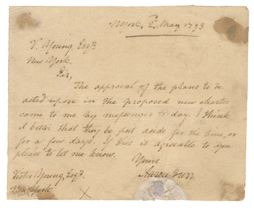Aaron Burr Autograph Letter Signed Concerning a Proposed New Charter, New York, May 2, 1793