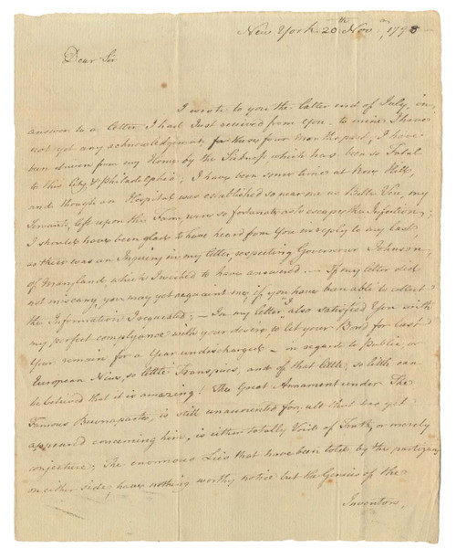 Horatio Gates ALS Regarding Yellow Fever, Napoleon Bonaparte, Irish Affairs, and European Politics. New York, 20 October 1798.