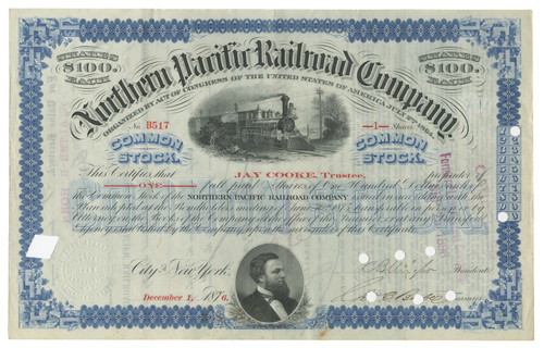 Northern Pacific Railroad Stock Issued To And Signed On Verso By Jay Cooke, Trustee Northern Pacific Railroad Stock Issued To And Signed On Verso By Jay Cooke, Trustee