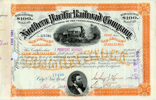 Northern Pacific Railroad Stock Issued To But Not Signed By J. Pierpont Morgan