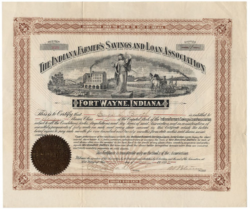 A large Stock Certificate of the Indaian Farmer's Savings and Loan Association