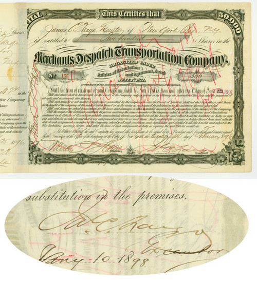 A Merchants Despatch Transportation Company Stock Signed By James C. Fargo Twice