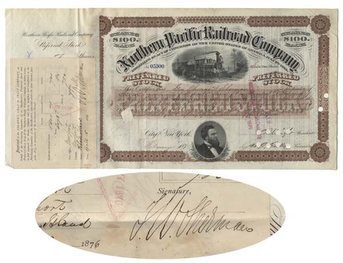 Northern Pacific Stock Issued To And Signed By Union General Thomas W. Sherman