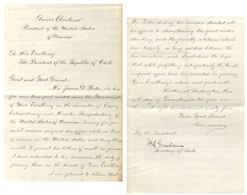 Office Letter of State to the President of Chile Signed by Grover Cleveland