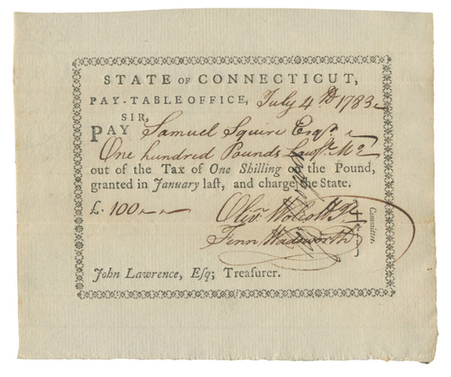 Early Connecticut Fiscal Document Dated July 4, 1783 Signed by Oliver Wolcott, Jr.