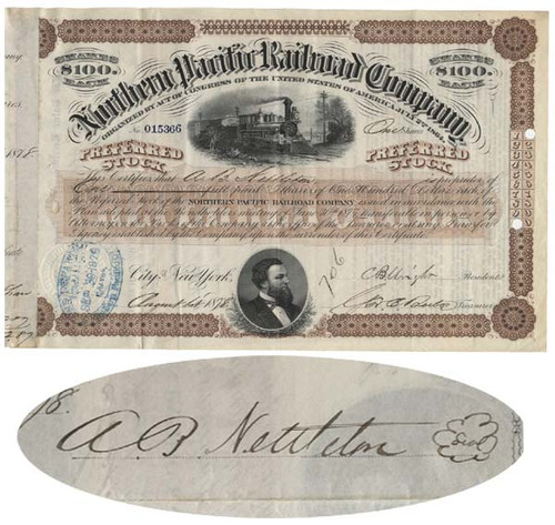 Northern Pacific Railroad Stock Issued to and Endorsed on Verso by Union General A. B. Nettleton