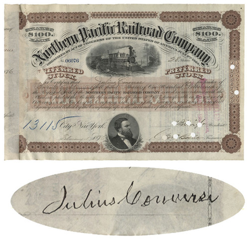 Northern Pacific Railroad Issued to Vermont Governor Julius Converse