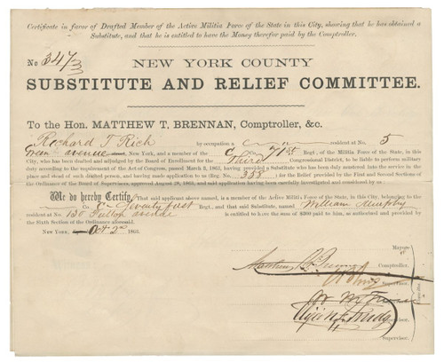 Interesting Civil War Document In Which The Notorious “Boss Tweed” Authorizes Payment For A Substitute Of A War Draftee