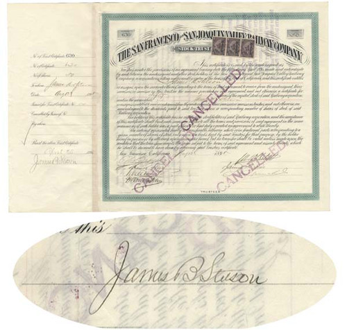 San Francisco & San Joaquin Valley Railway Company Stock Issued to and Signed on Verso by James B. Stetson