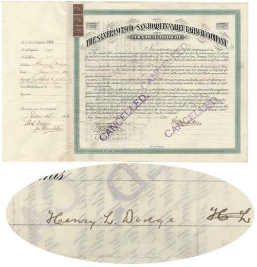 San Francisco & San Joaquin Valley Railway Company Stock Issued to and Signed on Verso by Henry L. Dodge Superintendent of the San Francisco Mint