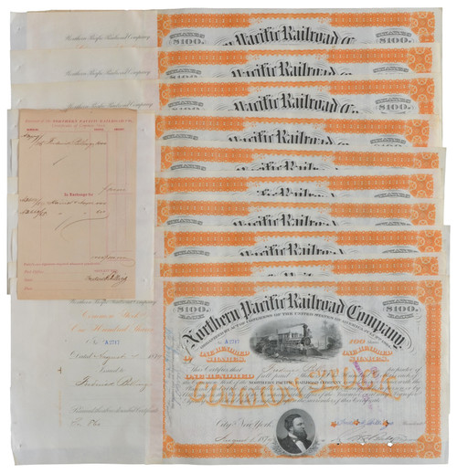 A Block of $100,000 in Northern Pacific Shares! A Group of Ten Consecutively Numbered And Certificates Issued To And Signed On Verso By Frederick Billings Businessman And Important Early Proponent of Environmental Conservation