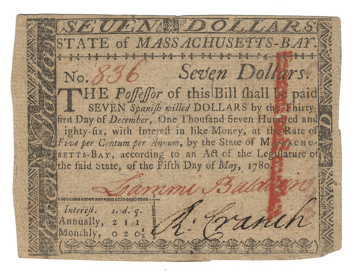State of Massachusetts Bay Seven Dollar Note 1780