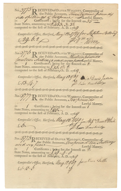 Connecticut Comptroller's office receipt for interest on state notes signed by Revolutionary War Double Agent William Heron Connecticut Comptroller's office receipt for interest on state notes signed by Revolutionary War Double Agent William Heron