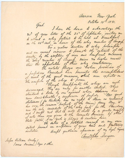 NY State Secretary Christopher Morgan Writes About Whig Politics & Henry Clay For President