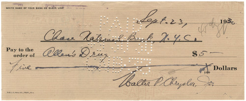 A Check Signed By Walter P. Chrysler, Jr.