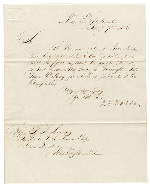 Secretary of the Navy James C. Dobbin Signed Letter
