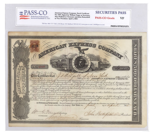 An Early American Express Company Stock Signed By Fargo, Butterfield And Holland