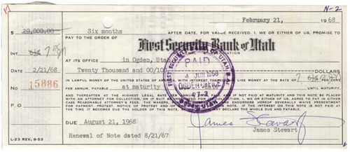 Bank Promissory Note Signed By Legendary Actor James Stewart