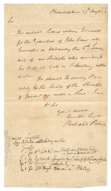 An Order For the Execution of The First Person Officially Hanged In Lancaster, Pennsylvania Signed By Provincial Secretary and Councilor Richard Peters An Order For the Execution of The First Person Officially Hanged In Lancaster, Pennsylvania Signed By Provincial Secretary and Councilor Richard Peters