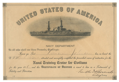 US Navy Training Certificate Signed Franklin Roosevelt While Serving As Acting Secretary of the Navy US Navy Training Certificate Signed Franklin Roosevelt While Serving As Acting Secretary of the Navy