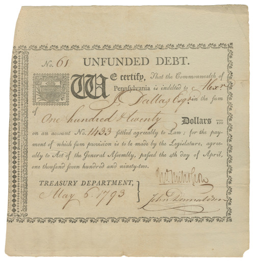 Commonwealth of Pennsylvania. Treasury Department Issued To Future Treasury Secretary Alexander Dallas and Signed by John Nicholson Commonwealth of Pennsylvania. Treasury Department Issued To Future Treasury Secretary Alexander Dallas and Signed by John Nicholson
