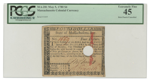 State of Massachusetts Bay $4 Note - Fr. MA-281 State of Massachusetts Bay $4 Note - Fr. MA-281