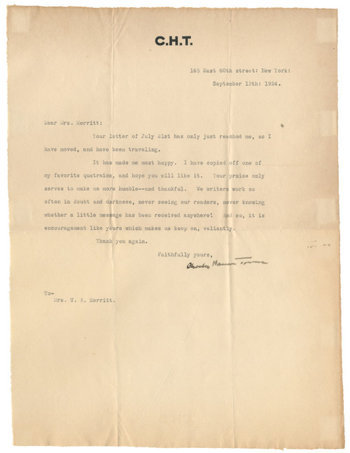 Charles Hanson Towne Typed Letter Signed with Handwritten Poem Fragment