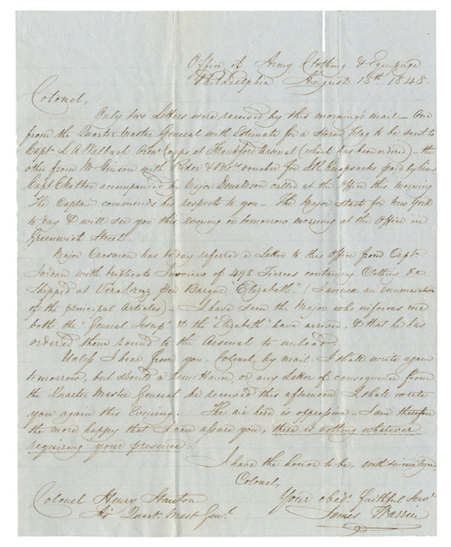 Mexican-American War Era U.S. Army Quartermaster Letter -- Military Clothing & Supply Shipment Inventory