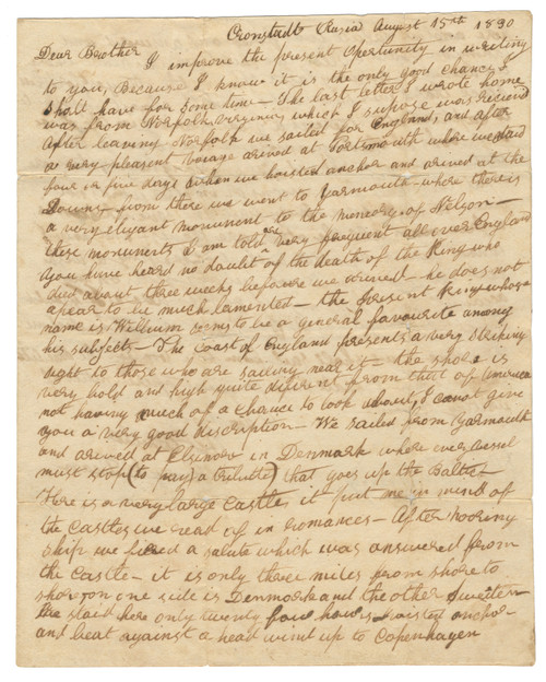 Cronstadt, Russia Maritime Letter – Baltic Voyage, England & Denmark Observations, Early Imperial Russia