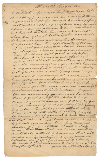 Early American ALS Concerning Livestock Dispute – William Makepeace to Nathaniel Mayer, Franklin, Massachusetts