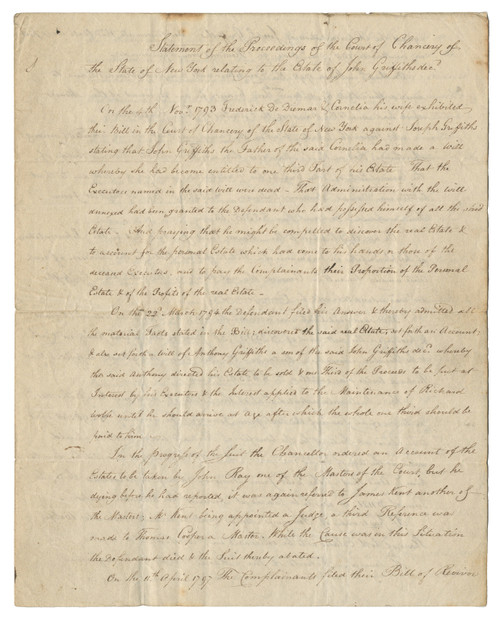 Important Early New York Chancery Court Manuscript Concerning the Estate of John Griffiths