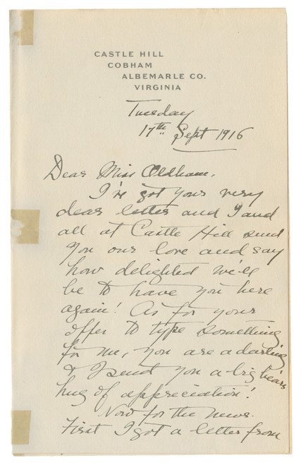 Amélie Rives Troubetzkoy Autograph Letter Signed – Castle Hill, Virginia, 1916 – Literary & Theatrical Content