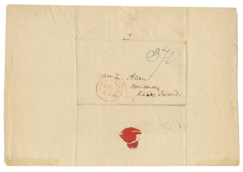 ALFRED BALES (1809–1860). Autograph Letter Signed, “Alfred Bales,” to Mrs. Z. Allen of Providence, Rhode Island. Nashville, Tennessee