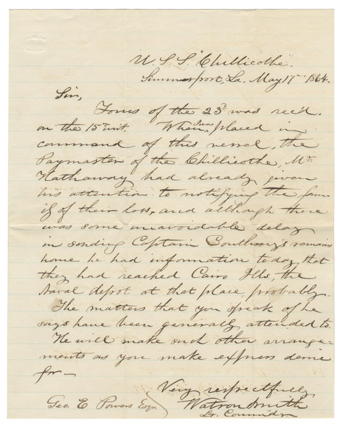 U.S. S. Chillicothe — Civil War Letter Concerning the Death and Return of the Remains of Capt. Southmayd