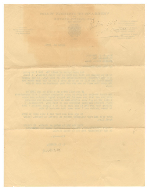 Robert E. Coontz (1864–1935). Typed Letter Signed as Commander-in-Chief of the Veterans of Foreign Wars, Discussing Pension Advocacy and a Planned Visit to Boston.