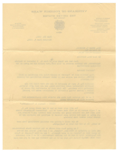 Veterans of Foreign Wars Commander-in-Chief Robert E. Coontz Letter Regarding Widow’s Pension Claim During the New Deal Era