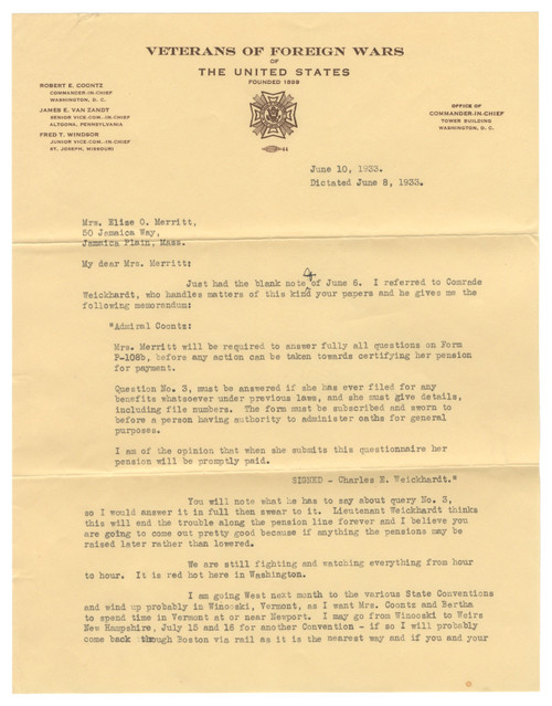 Veterans of Foreign Wars Commander-in-Chief Robert E. Coontz Letter Regarding Widow’s Pension Claim During the New Deal Era