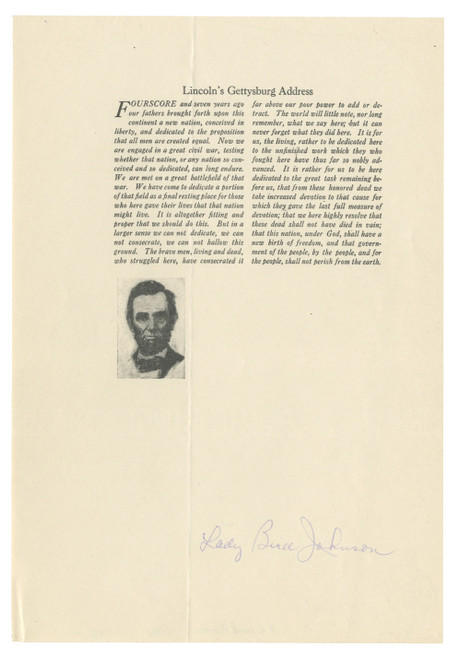 Lady Bird Johnson Signed Gettysburg Address Souvenir Signed by the Daughter of Confederate General Joseph E. Johnston