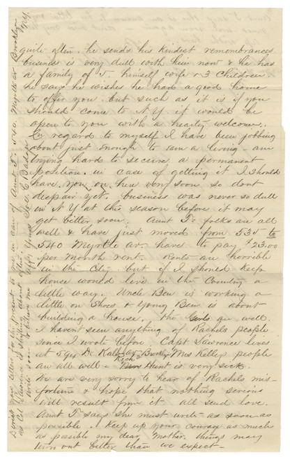 Post–Civil War Family Letter from Brooklyn Discussing Employment, Housing Costs, Freedmen’s Bureau Service in Alabama, and Economic Conditions in New York