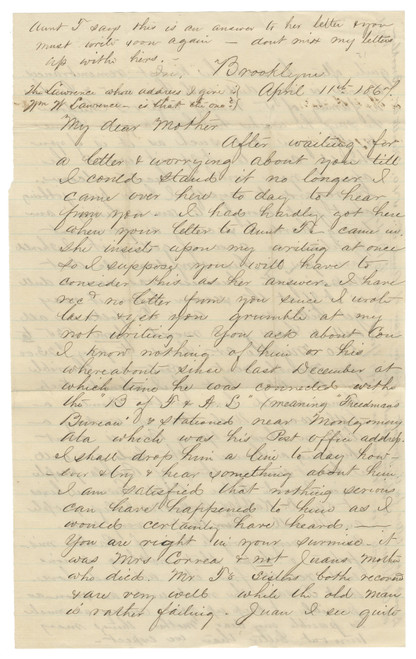 Post–Civil War Family Letter from Brooklyn Discussing Employment, Housing Costs, Freedmen’s Bureau Service in Alabama, and Economic Conditions in New York