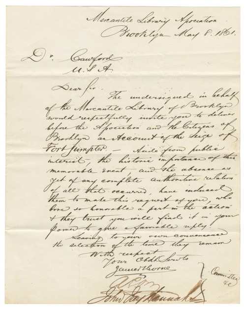Fort Sumter Invitation Letter from the Brooklyn Mercantile Library Association Requesting a Firsthand Account of the Bombardment