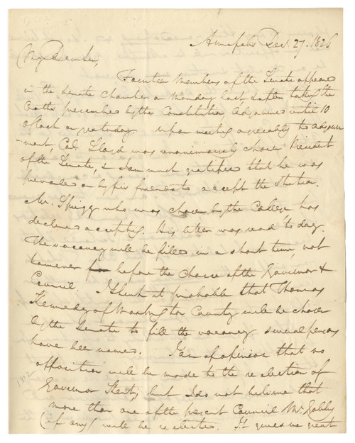 Early Maryland Political Letter Concerning the Maryland Senate, the Governorship, and Prospective Public Appointment