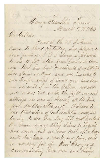 Civil War Surgeon’s Letter from Camp Franklin, Tennessee, Discussing Military Leadership, Politics, and Prospects for a Surgeon’s Appointment